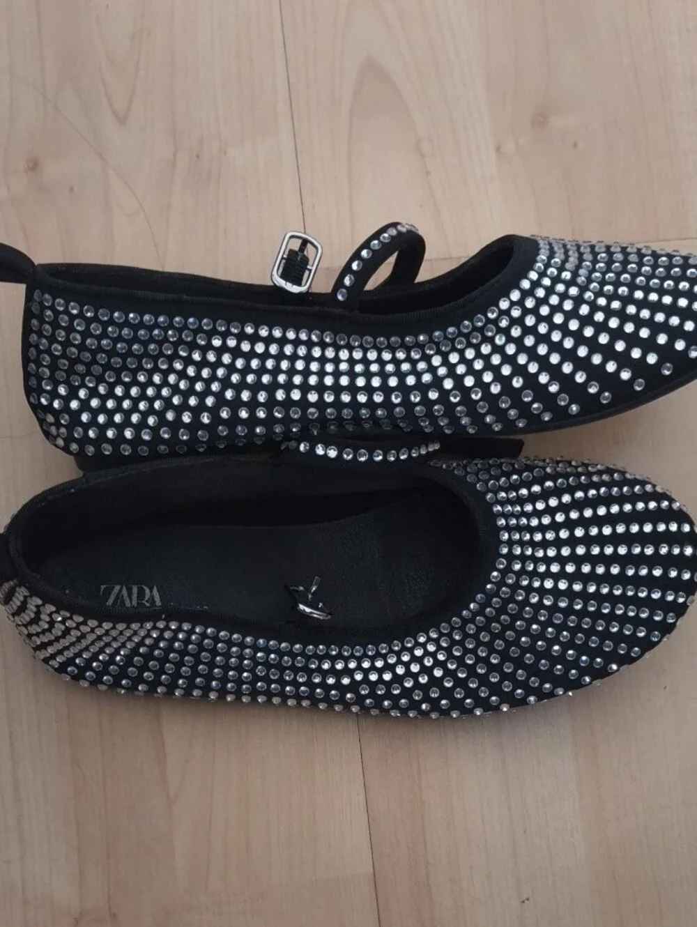 ZARA Black Crystal-Studded Mary Jane Flats